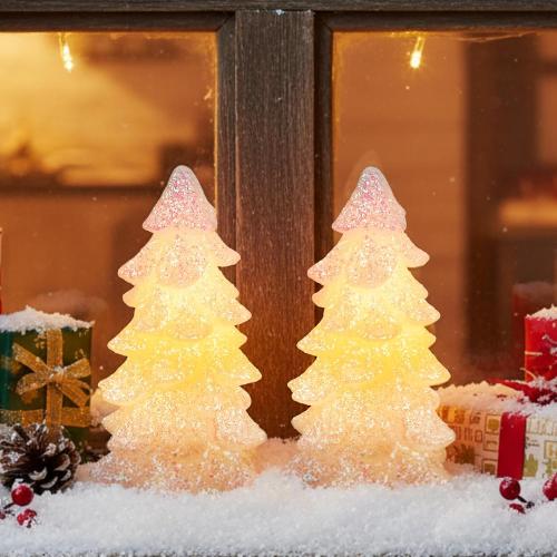 Glooglitter 2 Pcs 5.5 White Christmas Tree Flameless Candles Glittering Real Wax Flickering Battery Operated LED Handmade Carved Candles for Xmas Party Decoration Gifts
