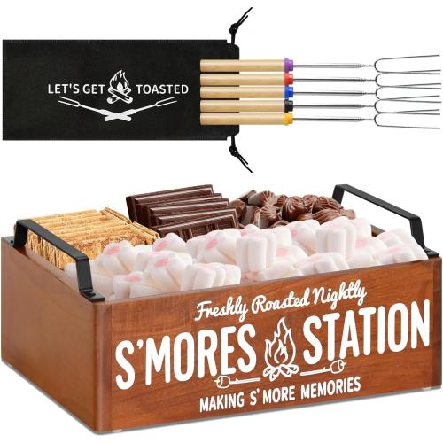 Farmhouse Smores Station, Wooden Smores Caddy with Handles, S'mores Bar Holder with 5Pcs Extendable Smores Sticks, Smores Maker Box for Smores Kit, Outdoor Fire Pit Camping Essentials Cooking (Brown)