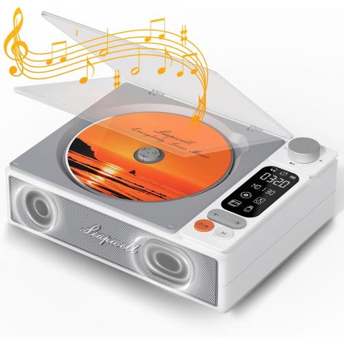 Leapwell CD Player Portable Bluetooth Desktop CD Players for Home with Speakers Rechargeable Small Retro CD Player with LCD Screen Optical USB White