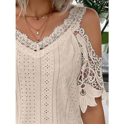 Flamingals Women's Cold Shoulder Eyelet Short Sleeve Hollow Out Lace Floral Sleeveless Blouse Top Large