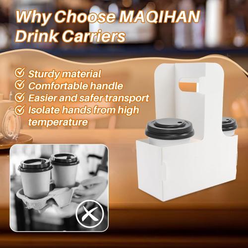 MAQIHAN 2 Cup Drink Carrier with Handle - 10Pcs Disposable Paper Cardboard Coffee Cup Holder Portable Drink Caddy Cup Carriers to go Cup Holder Food Delivery Accessories for Hot/Cold Drinks (White)
