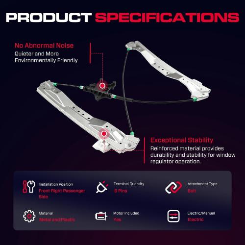 Front Passenger Side Power Window Regulator with Motor (6 Pins) Fit for 2008-2016 Town & Country, 2008-2020 Dodge Grand Caravan, 2012-2015 Ram C/V, 748-509