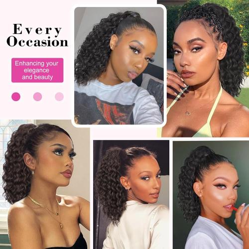 AISI BEAUTY Curly Ponytail Extension Drawstring Ponytail for Black Women 14 Inch Fake Ponytail Curly Synthetic Clip in Pony Tails Hair Extensions(Brown Black)