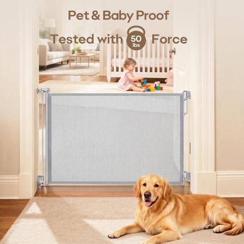 SPACEANY Retractable Baby Gate for Stairs & Doorways - 55 Wide Portable Safety Gate | Fits Baseboards, Easy to Use Indoor/Outdoor | Mesh Gate for Dogs, Puppies, Gray