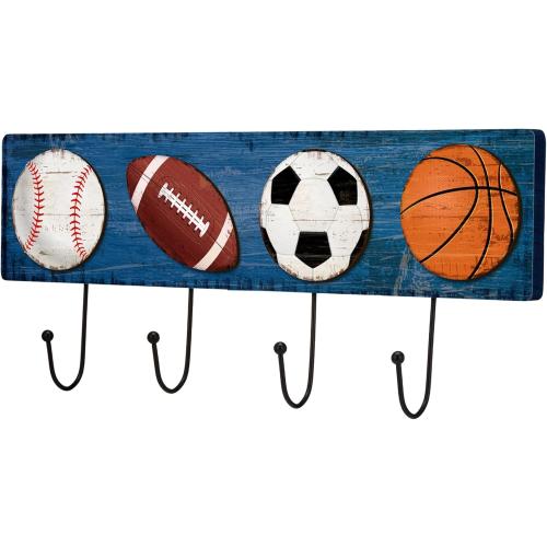 Wood Sports Coat Rack with 4 Hooks Vintage Basketball Baseball Football Soccer Wall Mounted Coat Hooks Decor Sports Theme for Home Entryway Playroom Hats Keys Towels