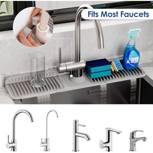 24 Inch Silicone Faucet Mat for Kitchen Sink Splash Guard - 7° Slope Upgraded Water Draining Mat with Fasten Button for Bathroom Area (Gray, 24''x5.5'')