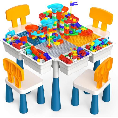 7-in-1 Toddler Activity Table & 4 Chairs STEM Building Set Kids Ages 3–7 | 152PCS Large Marble Maze and Building Blocks with Kids Sensory Sand and Water Table, STEM Learning Toy for Boys and Girls