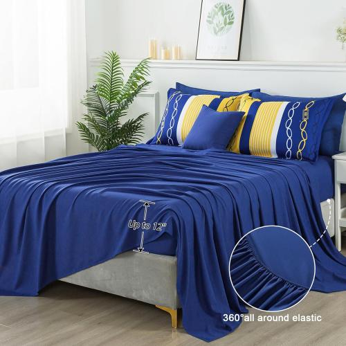 8 Pieces Bed in a Bag Stripe Comforter Set Queen Size,Patchwork Striped Comforter with Sheets Set Soft Microfiber Boho Bedding Sets (Blue Yellow)