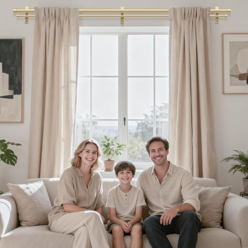 Gold Double Curtain Rod, Dual Curtain Rods with Aluminium Modern End Cap Finials Adjustable Heavy Duty Window Treatment Rods, Telescopic Metal Double Drapery Pole Set