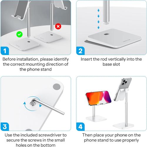 OMOTON Cell Phone Stand, Adjustable Angle Height Desk Phone Dock Holder for iPhone Air 17 Pro Max/Plus/XS/XR, Samsung Galaxy S20 / S10 / S9 / S8 and Other Phones (3.5-7.0-Inch),Silver/White***