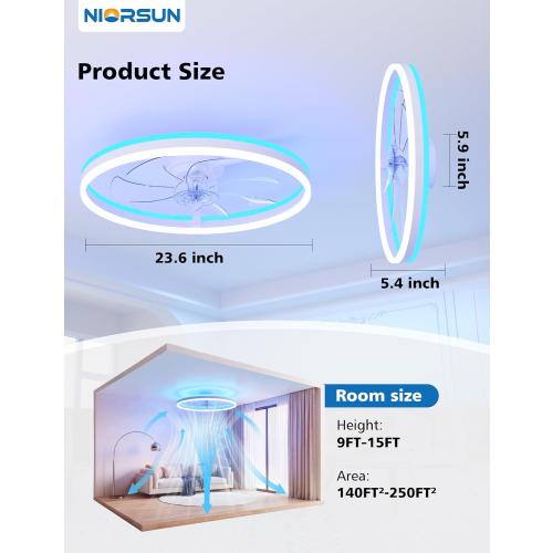 RGB Ceiling Fan with Light and Remote,24 Fandelier Smart Ceiling Fan,White | Low Profile Ceiling Fan with Light, Dimmable Flush Mount Ceiling Fan, Modern Bladeless Ceiling Fan, 6 Speeds Ceiling Fan RGB