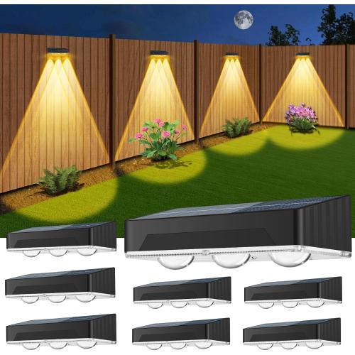 Solar Fence Lights Outdoor 8 Pack Waterproof High Brightness Upgraded 3 LED Lens Solor Deck Lights Warm & Cool White RGB 10 Colors Outside Solar Powered Wall Light for Backyard Patio Step Railing