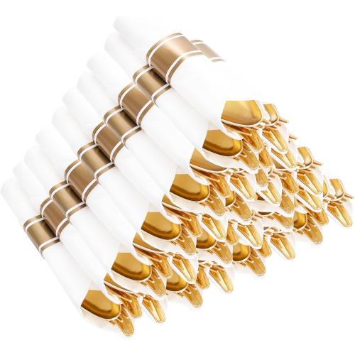 Set of 400PCS Pre Rolled Gold Plastic Silverware Sets - Heavy Duty Fancy Gold Cutlery - Include 100 Pack Wrapped Disposable Utensils with Napkins for Parties, Dinners & Weddings