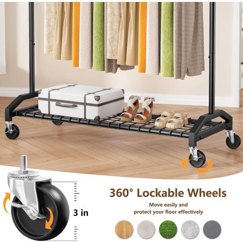 Wiracks Heavy Duty Clothes Rack for Hanging Clothes 350lbs Clothing Rack 3 industrial Wheels 51 to 71 W x 16.53 D x 65 to 71 H Adjustable Rolling Clothes Rack Coat Rack Garment Rack Black