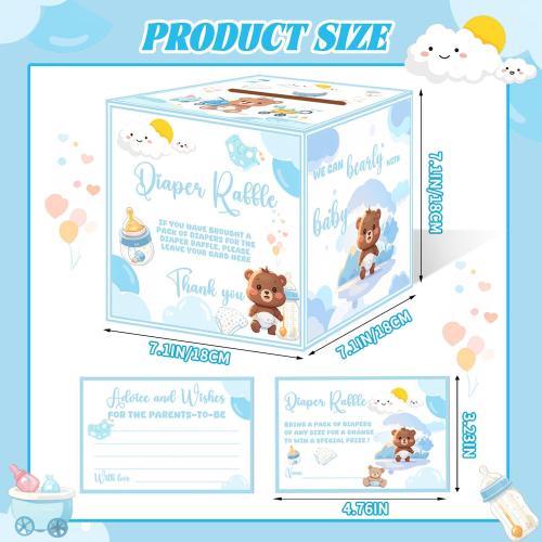 51 Pcs Diaper Raffle Tickets with Box for Baby Shower Games, Blue Baby Shower Game Box for Gender Reveal Party Decorations