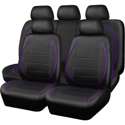 CAR PASS Piping PU Leather Car Seat Cover,Inside Zipper Design and Reserved Opening Holes Airbag Compatible,Universal FIT for Car, SUVs,Van,Trucks,Full Set, Black & Purple