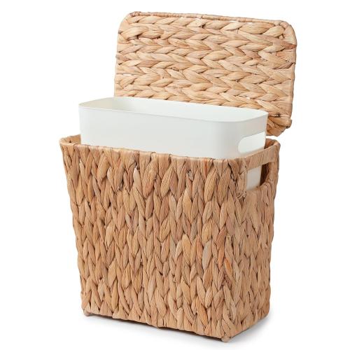 YANGQIHOME Water Hyacinth Bathroom Trash Can with Lid, Slim Rectangular Woven Waste Basket with Removable Waterproof Inner Bin, Decorative Wastebasket for Bedroom,2 Gallon,12.6’’L x 6.3’ W x 11’’H