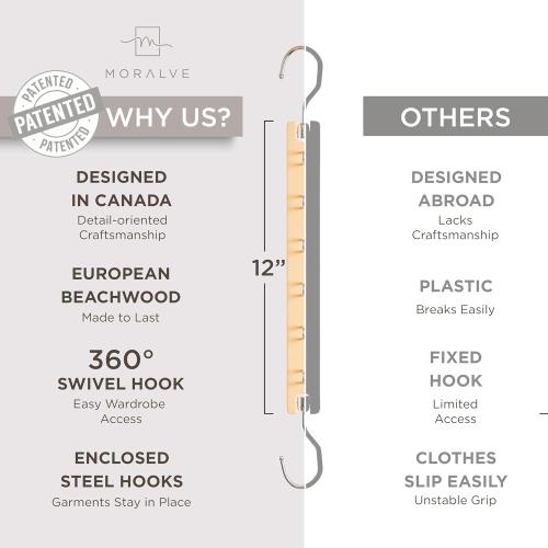 MORALVE Space Saving Hangers for Closet – 4 Pack European Beechwood 6-Tier Shirt Organizer with 360° Swivel Hook – Collapsible Clothes Hanger for Closet Organization (Hangers Not Included)