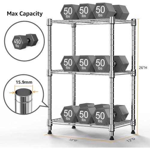 450 lbs Wire Storage Shelving 3-Tier Utility Shelving Unit Steel Organizer Wire Rack for Home,Kitchen,Office,Chrome(11.8 D x 17.7 W x 26.3 H)