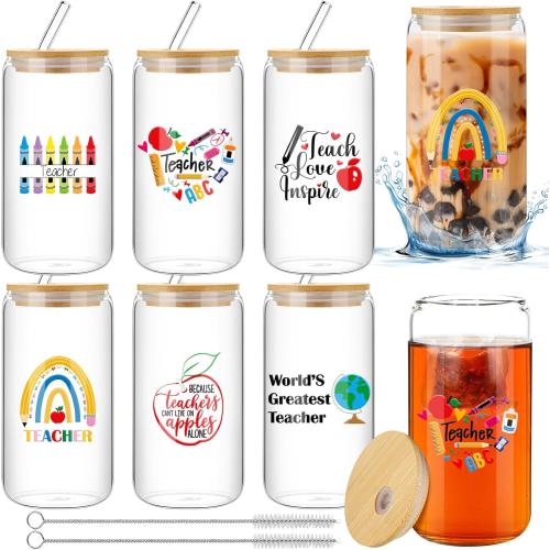 Maxcheck 6 Sets Teacher Appreciation Gifts for Women Men 16 oz Glass Coffee Cups with Lid and Straw Cleaning Brush Thank You End of Year Graduation Gifts for Teachers from Students