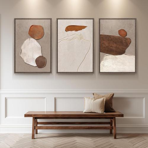 Large Framed Neutral Abstract Wall Art for Living Room, Set of 3 Rustic Beige Brown Canvas Prints Paintings Artwork for Walls, Minimalist Stone Pictures for Hallway Stair Office Wall Decor 24x36 Inch