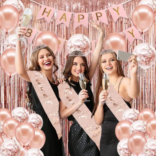 Sweet 16 Party Decorations for Girls, Happy 16th Birthday Banner Cake Topper Balloons Sash and Tiara, Rose Gold 16 Birthday Party Supplies for Girls