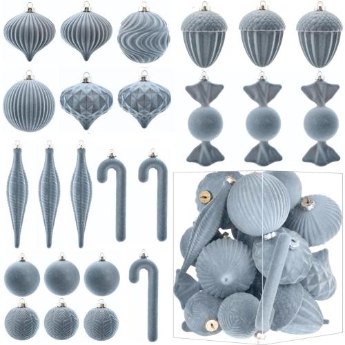 Velvet Ornaments for Christmas Tree Decorations - Dusty Blue Flocked Christmas Ornament Set for Winter Holiday Decor - Shatterproof Xmas Balls Ornaments Bulk - Pack of 24