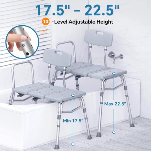 Tub Transfer Bench for Bathtub, 400 lbs Heavy Duty Shower Chair with Backrest, Slip-Resistant Feet, Height Adjustable Shower Bench Shower Seat for Elderly and Disabled