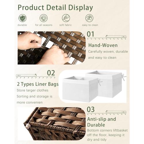 SETVSON Storage Basket with Lid Wicker Baskets for Storage with 2 Separate Lid 42.3 Gallon (160 L) 29.9 x 17.3 x 18.1 Inches Rattan Woven Large Wicker Basket with 2 Liners for Bedroom Laundry Brown
