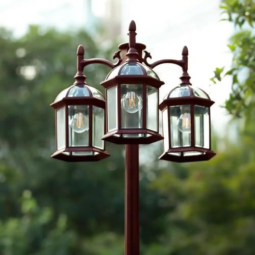 Dusk Dawn Bronze Outdoor Lamp Post Light with GFCI Outlet, Triple Head Aluminum Street Light Post for Outside with Sensor, Waterproof Birdcage Pole Lighting Fixture for Backyard Garden Patio Driveway