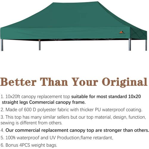 SCOCANOPY Commercial 10x20 Canopy Replacement Canopy Top,Canopy Cover ONLY,Bonus 4 Pack Weight Bag (Forest Green)