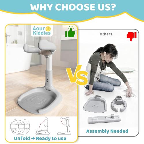 4our Kiddies Foldable Baby Shower Standing Support for Toddlers & Infants 8-36 Months, No Setup Anti-Slip Bath Stand Holder, Adjustable Height, Portable Travel & Storage, Easy Clean, Grey