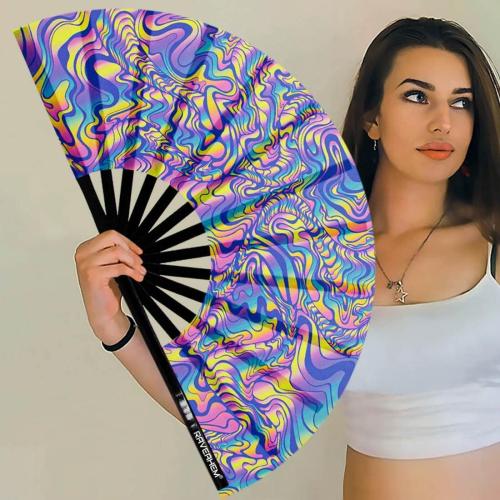 UV Glow Rave Fan, Bamboo Folding Clack Hand Fans Foldable for Men Women, Boots on the Ground Poping Fan for EDM Festival Line Dance Decoration, (Waves-2, Medium 11)