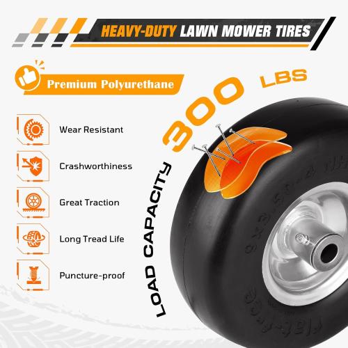 9x3.50-4 Flat Free Lawn Mower Tire and Wheel Smooth Tire with Rim for Commercial and Residential Walk-Behind Lawnmowers, Hand Trucks, Garden Carts and Trailers | 4 Centered Hub | Bore ID 3/4 4PCS