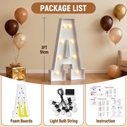 Marquee Letters 3 Feet Tall, Large Light Up Letters & Baby Showers | Big Letters With Light, Large Anniversary Party Decor, Big Signs, Assembly Required, Foam Board 22 Pcs Accessory Set
