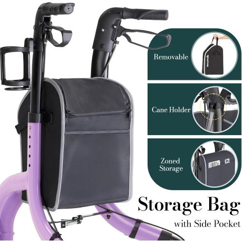 3 Wheel Walkers for Seniors, Lightweight Rollator Walkers Foldable for Elderly with Cane Hold and Cup Hold, Height Adjustable Aluminum Three Wheel Rolling Walker Mobility Aid, Purple