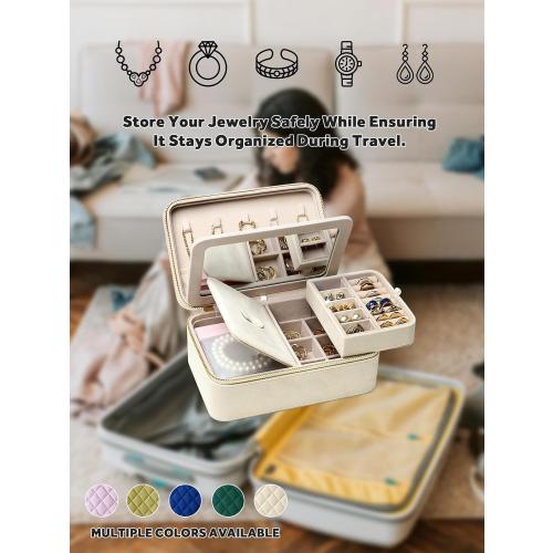 Velvet Travel Jewelry Box with Large Mirror, Double-Layer Jewelry Organizer Case for Women and Girls, Portable Storage Case with 6 Anti-Tarnish Bags Gift Ready for Her (Beige)