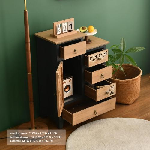 Farmhouse Accent Chest with Carved Door and 5-Drawers, Vintage Storage Cabinet Modern Dresser for Living Room, Entryway, Hallway, Multi-Drawer Organizer, Natural and Deep Blue. ( Damage see the pictures)