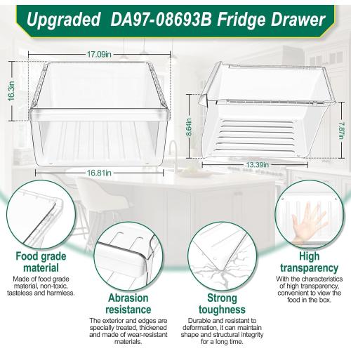UPGRADED DA97-08693B Refrigerator Crisper Drawer Replacement Compatible with Samsung Fridge Crisper Drawer Parts RS25J500DSR RS25J500DSG DA97-08693A RS25H5000BC Upper Refrigerator Crisper Drawer Bin