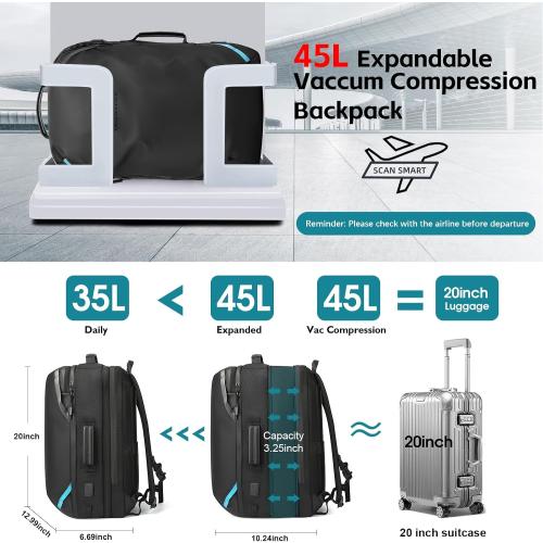 TANGCORLE Vacuum Compression Backpack with Pump, Extra Large Capacity Expandable Travel Backpack, Water Resistant Laptop Backpack with USB Charging Port for Men & Women