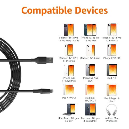 Amazon Basics Apple MFi Certified USB-A to Lightning Charger Cable for iPhone iPad, Heavy-Duty Fast-Charge, 10ft, Black