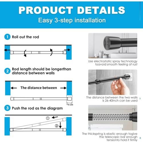 1Pack Spring Tension Curtain Rod 26-39 inch Black Adjustable Spring Rod Extendable Tension Rod For Kitchen, Bathroom, Window, Bookshelf, Closet