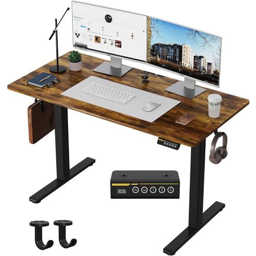 Electric Standing Desk,48x24 Inches Adjustable Height Stand up Desk, Sit Stand Home Office Desk with Splice Board, 3 Preset Heights,Equipped with Hooks,Ergonomic Computer Workstation，Brown