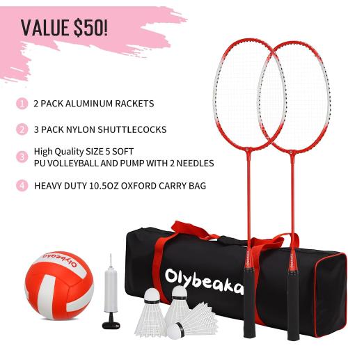 RED AND BLACK 20ft Outdoor Volleyball & Badminton Combo Net Set for Backyard Beach with Adjustable Poles, Durable Anti-Sag Net, PU Volleyball, 2 Aluminum Rackets