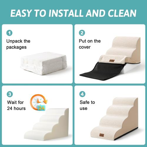 Dog Stairs for Small Dogs 15.7 H, Curved Dog Step for Puppy, Older Cat, Medium Pet Ramp for Sofa, Couch or Chair, Ladder with High Density Foam, 3 Step, 15.7x22.4x15.7 inch, Beige