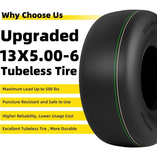RONPOW 13x5.00-6 Tubeless Lawn Mower Tire, 13x5x6 Zero Turn Turf Tires, 4 Ply Rubber Smooth 13-5.00-6 Garden Tractor Tire for Residential and Commercial, 2Pack Tubeless, Load 450LBs