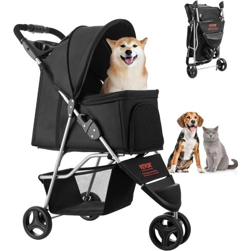 VEVOR Pet Stroller, 35 lbs Weight Capacity, Foldable Dog Cart, 3 Wheels Cats Carts with Mesh Windows and Cup Holders, Portable Pet Carrier Stroller with Brake, for Small to Medium Pets