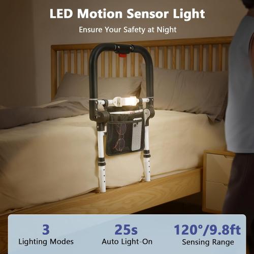 WHITE Bed Rails for Elderly Adults Safety with Foldable Non-Slip Handle, Adjustable Bed Assist Rails for Seniors, Handicap, Disable, Bed Assist Handle with Motion Light, Storage Pocket, White/Black