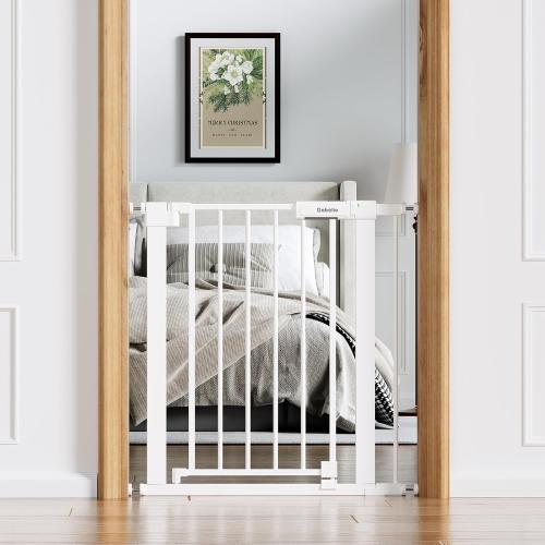 Babelio Baby Gate for Doorways and Stairs, 26-31 Pet Gate with Wide Walk Thru Door and Lock Indicator, No Drill Pressure Mounted Safety Gate with Double Lock and Self-Closing, White