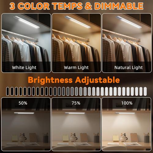 Under Cabinet Lighting Wireless, 15inch Rechargeable Motion Sensor Light Indoor, 3 Color Closet Light Battery Operated with LED Power Display, Magnetic Under Counter Lights for Kitchen, Home (3Pack)